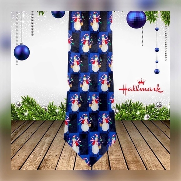 🎄 HALLMARK || Holiday Tradition Silk Snowman Plaid Necktie- - Picture 1 of 5
